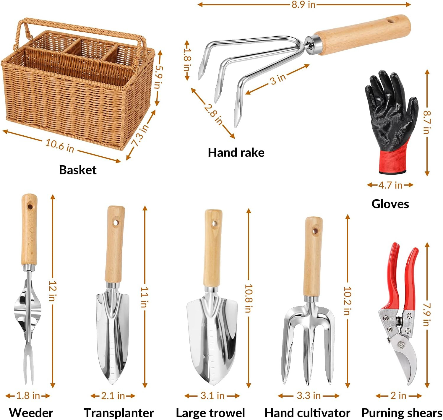 Garden Tools Set with Basket, Heavy Duty Stainless Steel Gardening Hand Tool wit