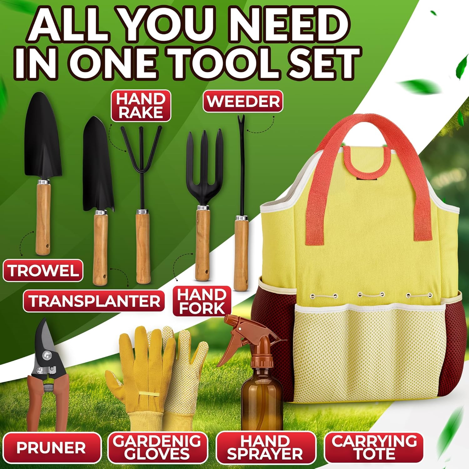 10 Pcs Gardening Tool Set for Women – All-In-One Garden Tools Set with Handy Tot
