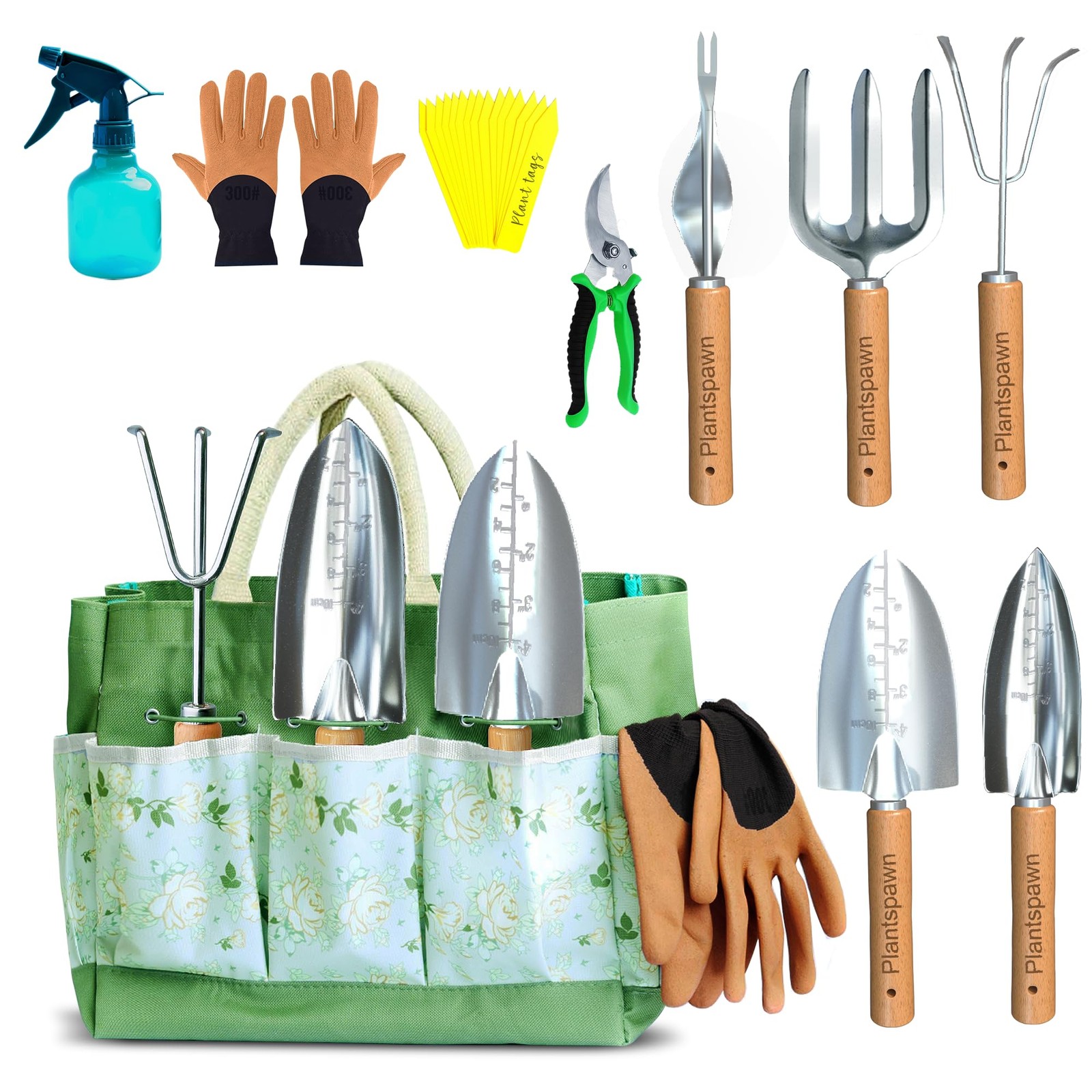 9 PCS Gardening Tools Set, Bag, Heavy-Duty, Wooden Handles, 15 Plant Tags