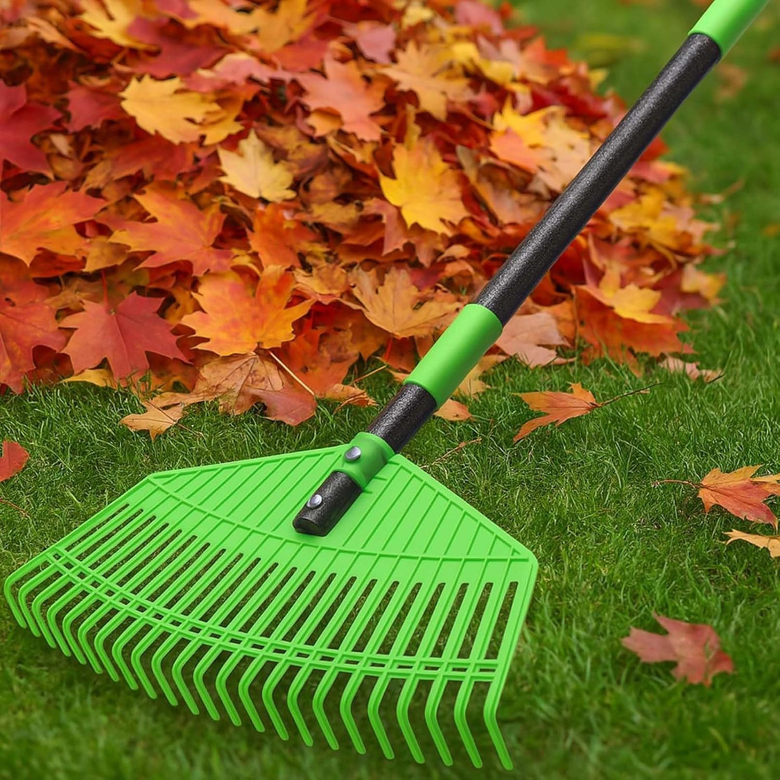 23 Non-Clog Flexible Tines 17″ wide Plastic-Head Rake 65 Long Handle Lightweight