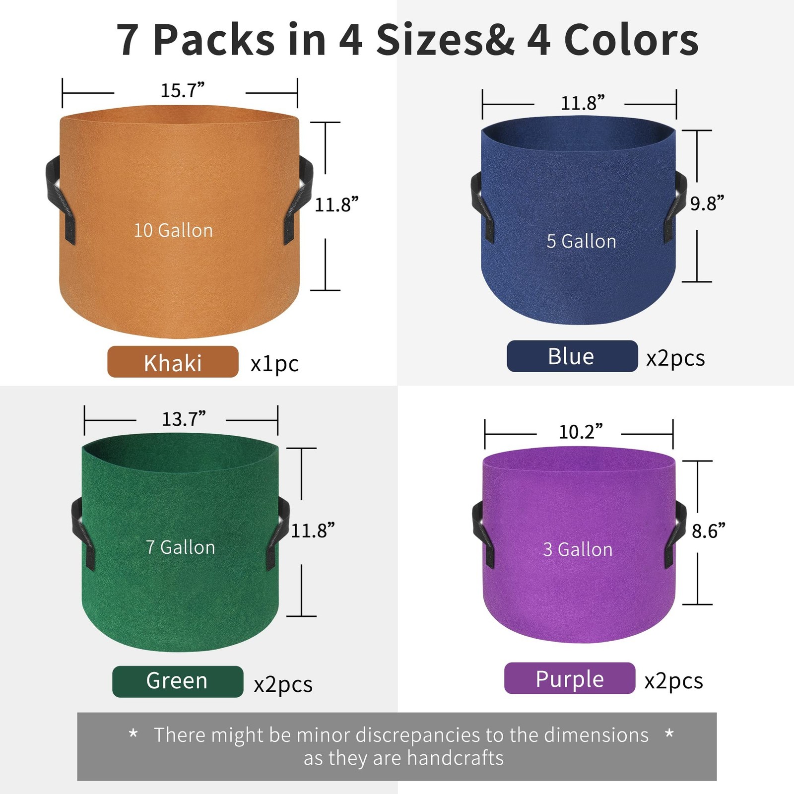 HAOWIN 400G Thickest 7-Pack Colorful Plant Grow Bags, Fabric Pots 10 Gallon 7…