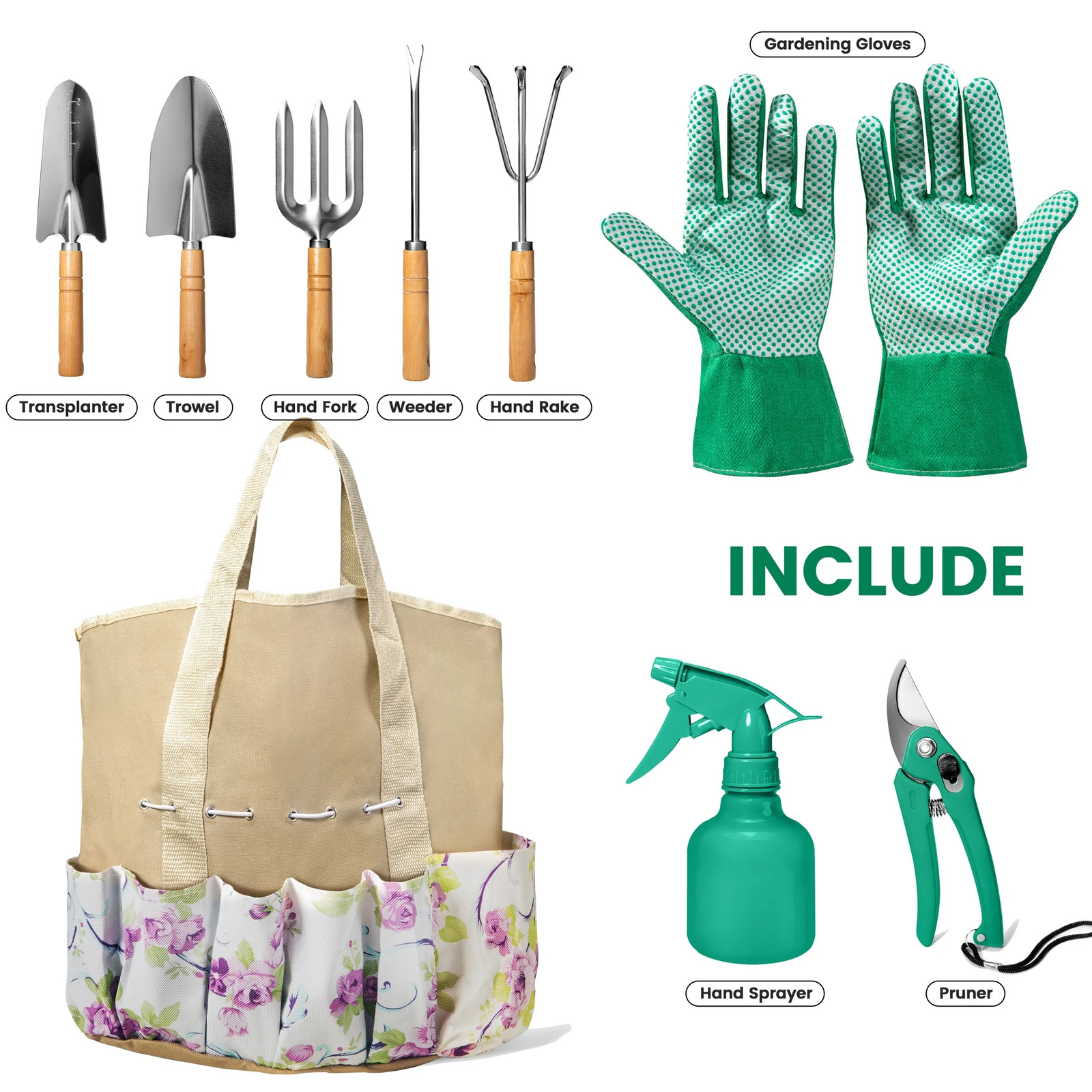 GARDEN TOOL SET 9 Piece Gloves Heavy Duty Cultivator Weeder Pruner Trowel Gloves