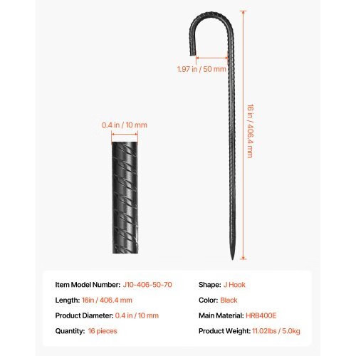 Rebar Stakes, 16-Inch, Heavy-Duty 0.4 in Diameter J Hook, Galvanized Steel Groun