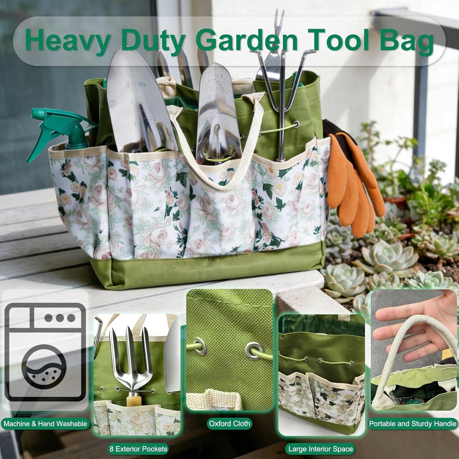 Garden Tool Set 9 Pcs Stainless Steel Heavy Duty Tools with Green Carry Bag