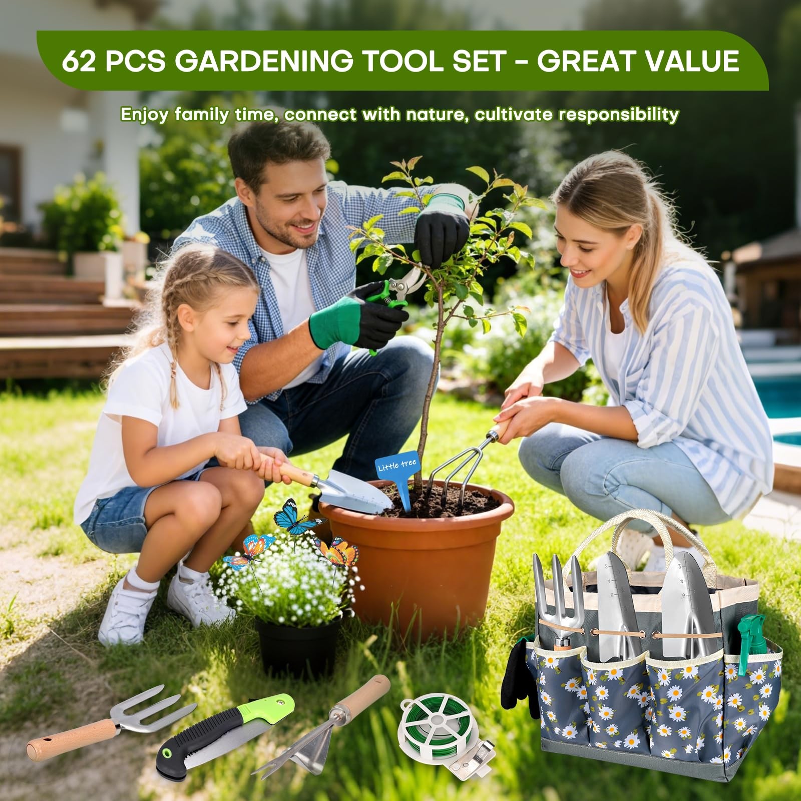 62PCS Heavy Duty Garden Tool Set Stainless Steel Tools Bag Pruning Shear