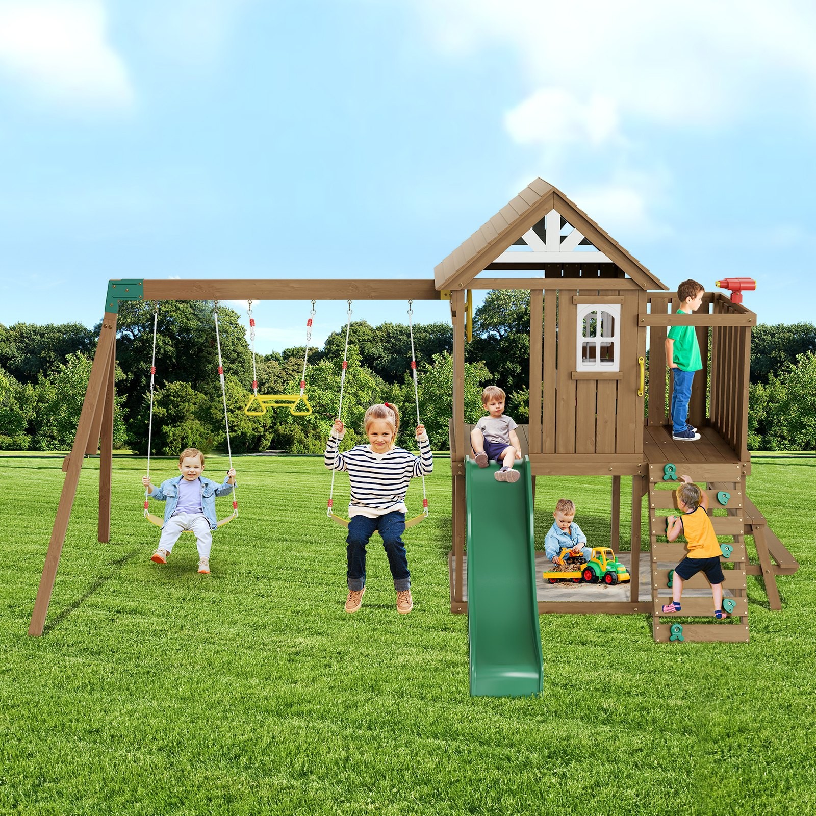Wooden Swing Set,9 IN 1 Outdoor Playground Sets for Backyards,2 Swings,Trapeze B