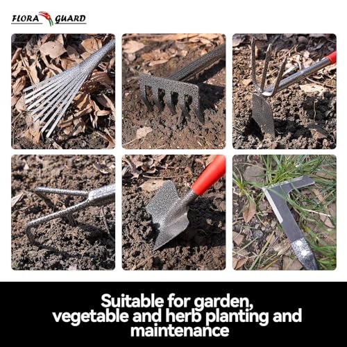 FLORA GUARD 6-Piece Heavy Duty Gardening Tool Set, Trowel, Rake, Hoe, Weeder