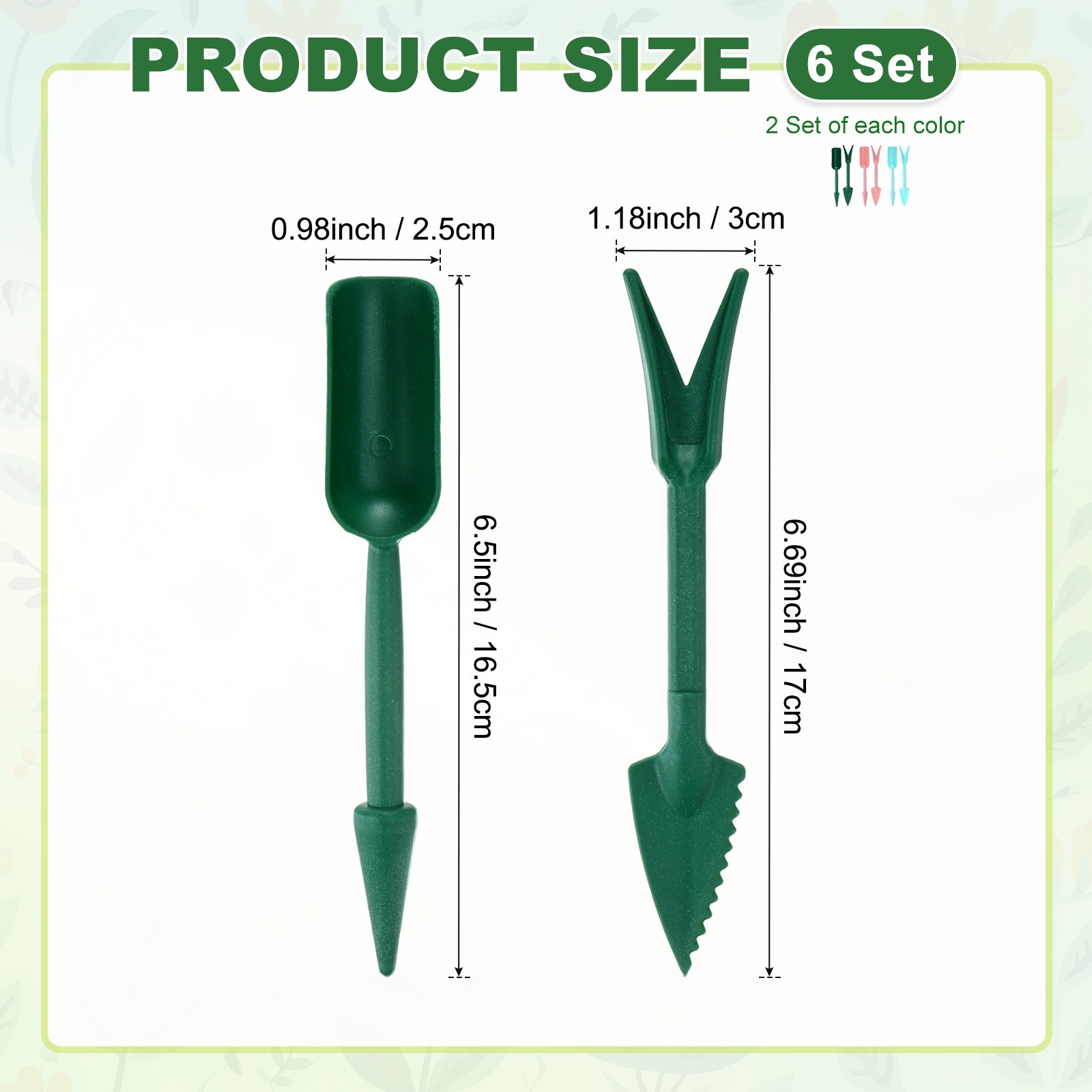 6-Set Mini Gardening Tools, 2-in-1 Garden Hand Tools Set [Green,Blue,Pink]