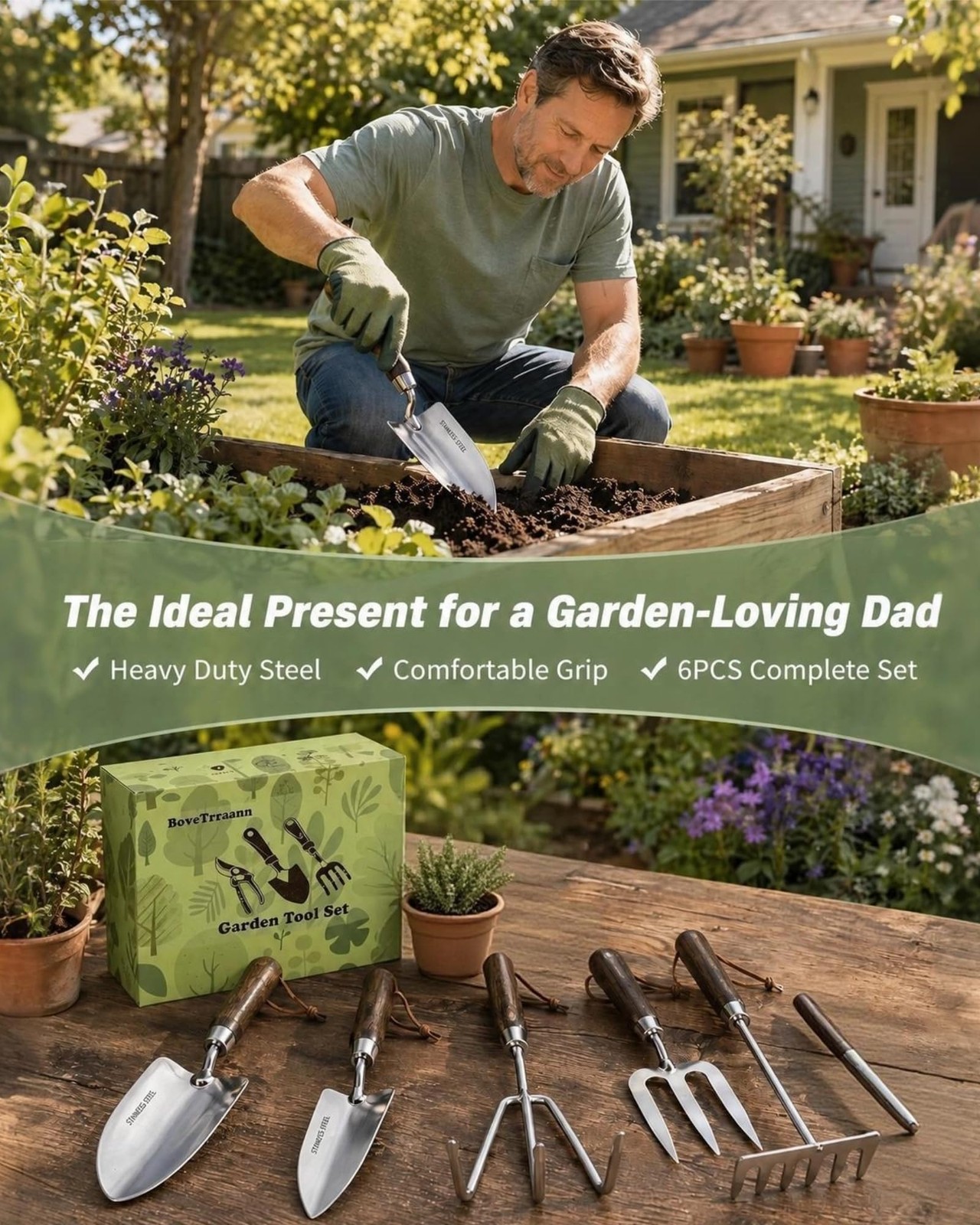Best Garden Tool Set, 6PCS Heavy Duty Stainless Steel Gardening Hand Tools with