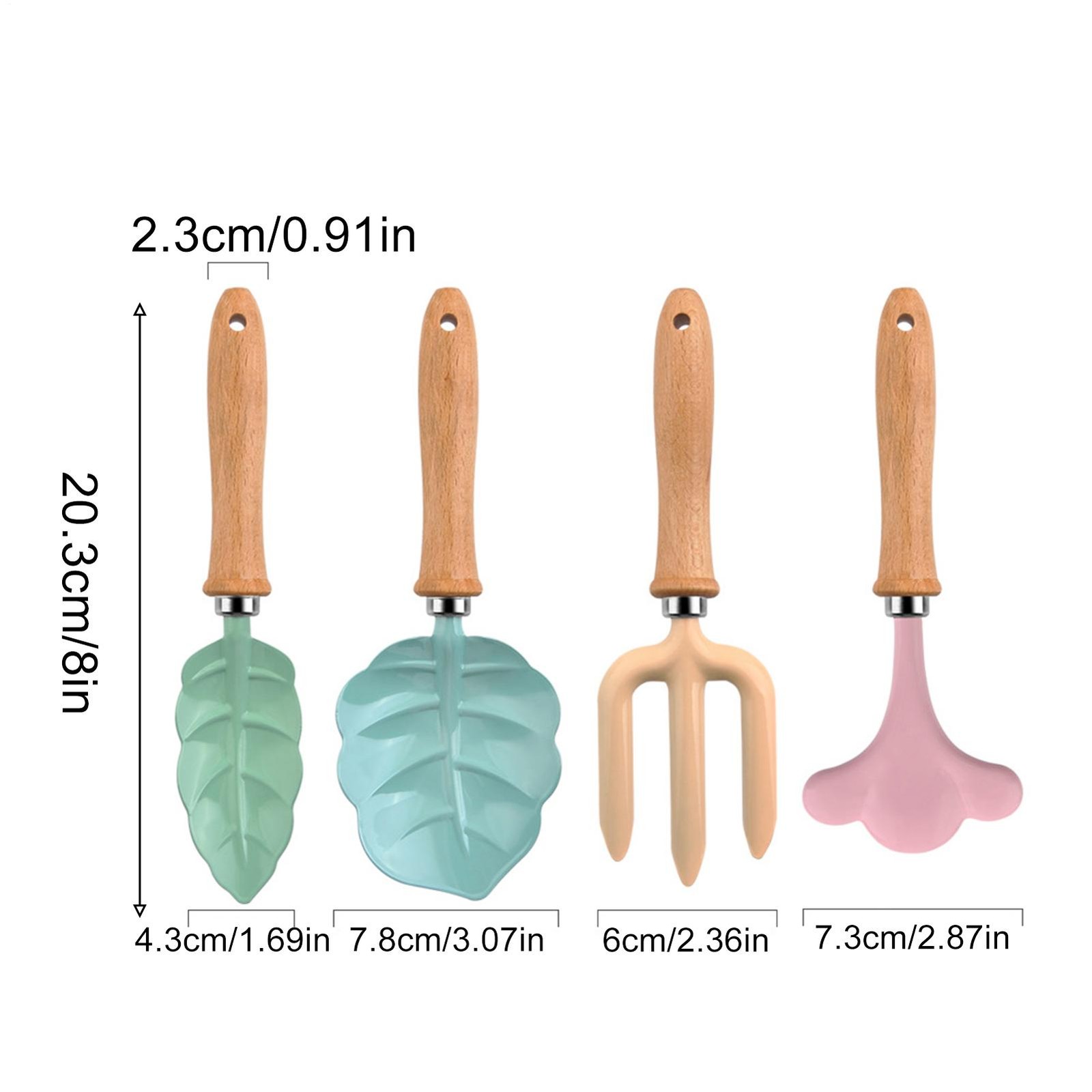Kids Gardening Tools 4 Piece Leaf Shape with Wooden Handle Shovel Rake