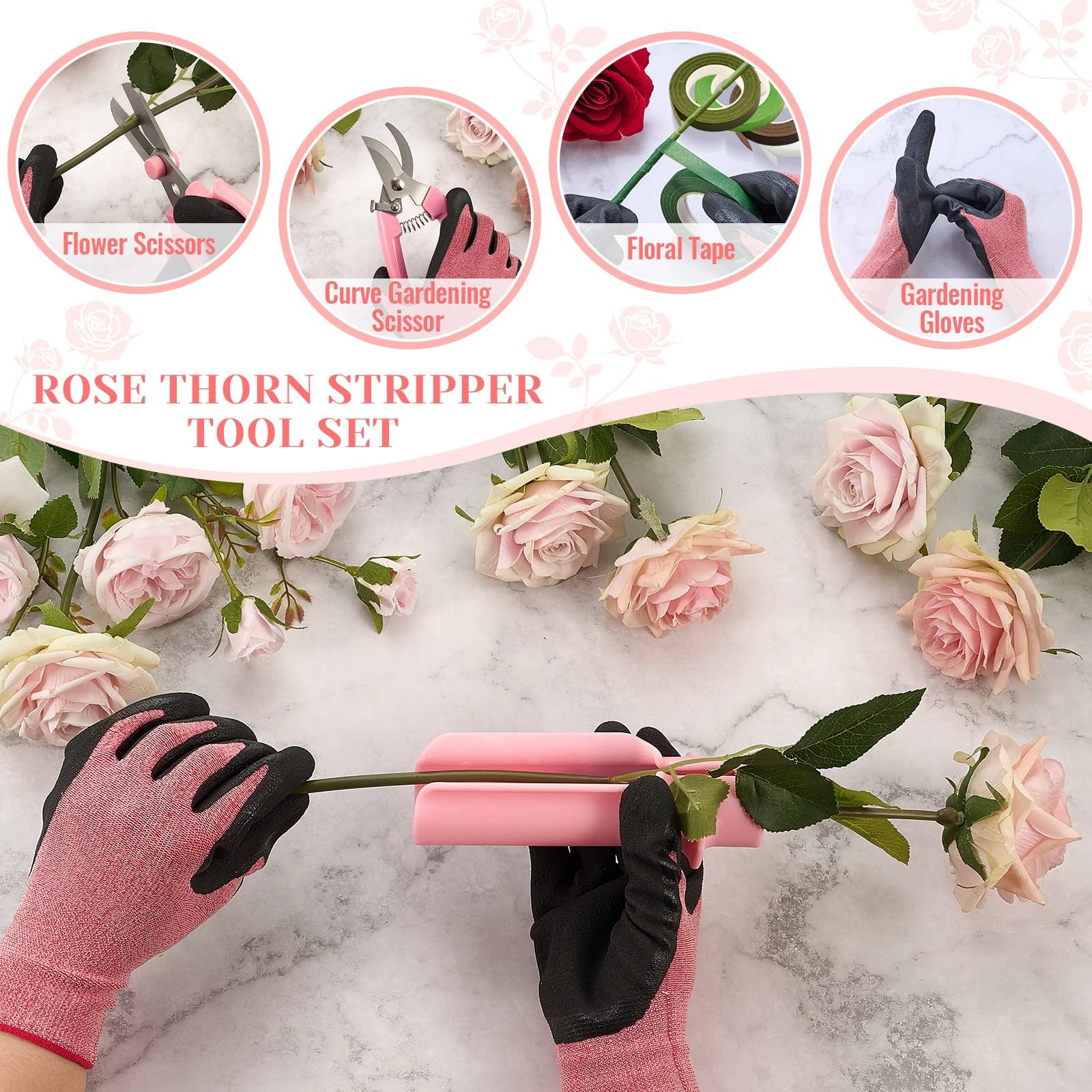Rose Thorn Remover Set, 9pcs Gardening Tools, Gloves, Pink