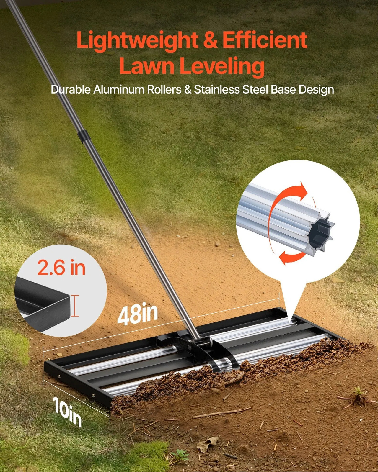 Updated Lawn Leveling Rake with Roller, 48” x 10″ Stainless Steel Lawn Leveler