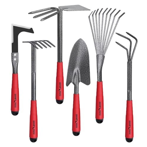FLORA GUARD 6-Piece Heavy Duty Gardening Tool Set, Trowel, Rake, Hoe, Weeder