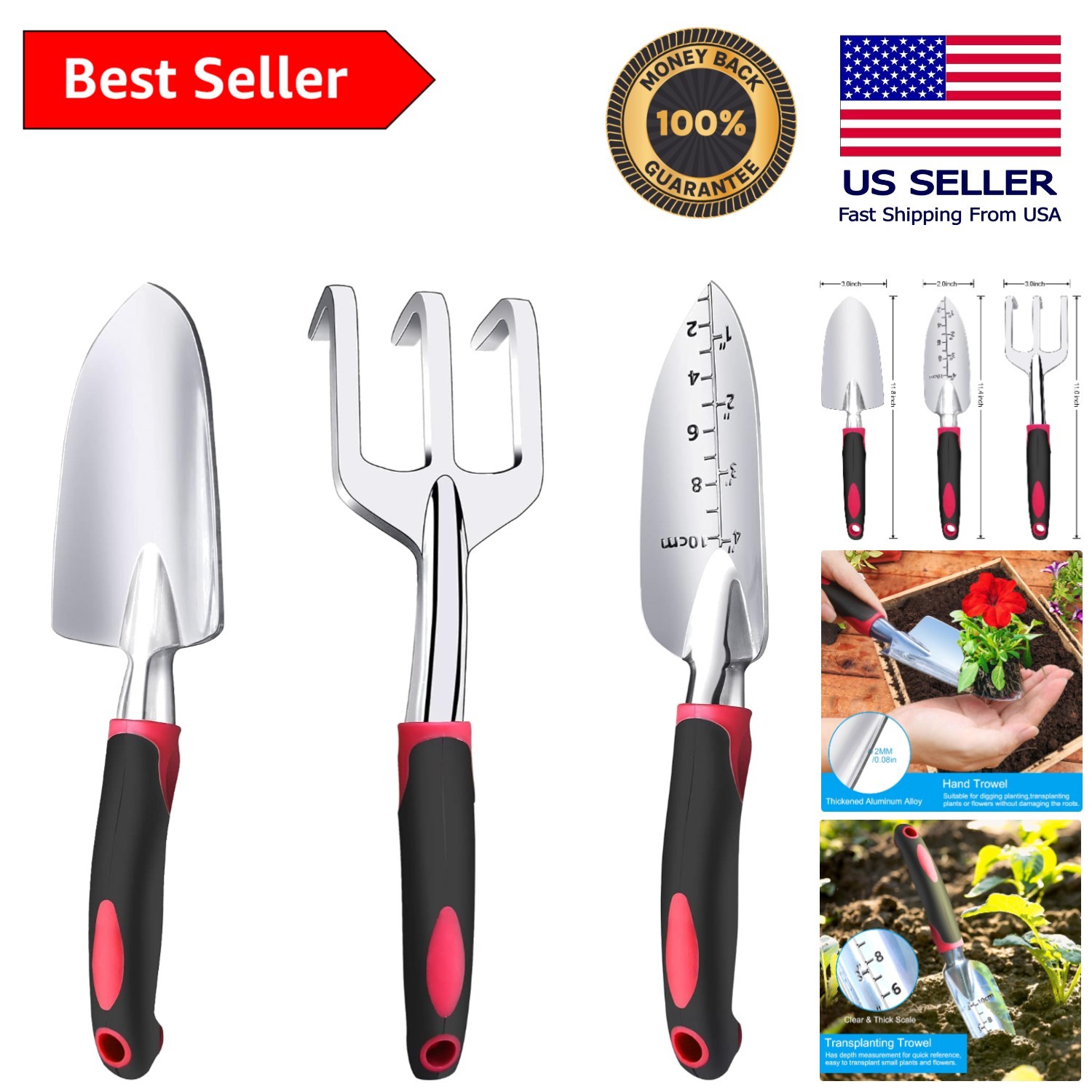 Elegant 3-Piece Aluminum Gardening Tool Set with Non-Slip Handles, Cherry Red