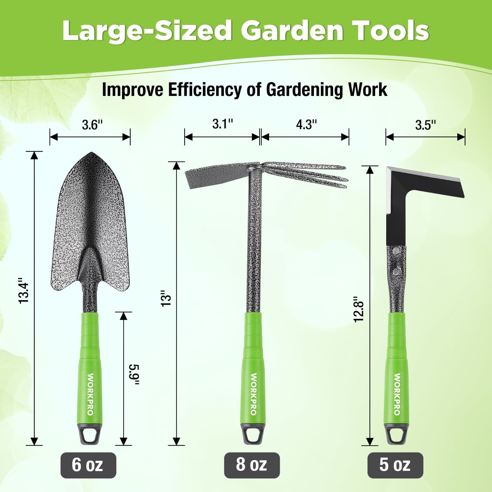 6-Piece Heavy Duty Garden Tool Set, Soft Rubber Handle, Trowel, Rakes, Hoe & Wee