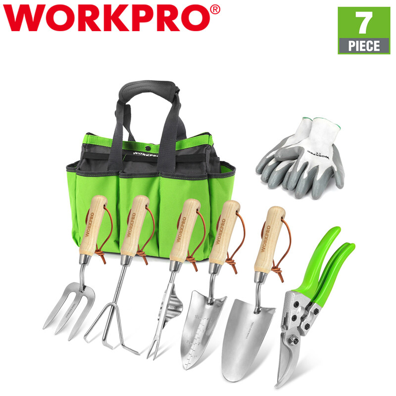 WORKPRO Garden Tool Set 7PC Stainless Steel Heavy Duty Garden Tool Wooden Handle