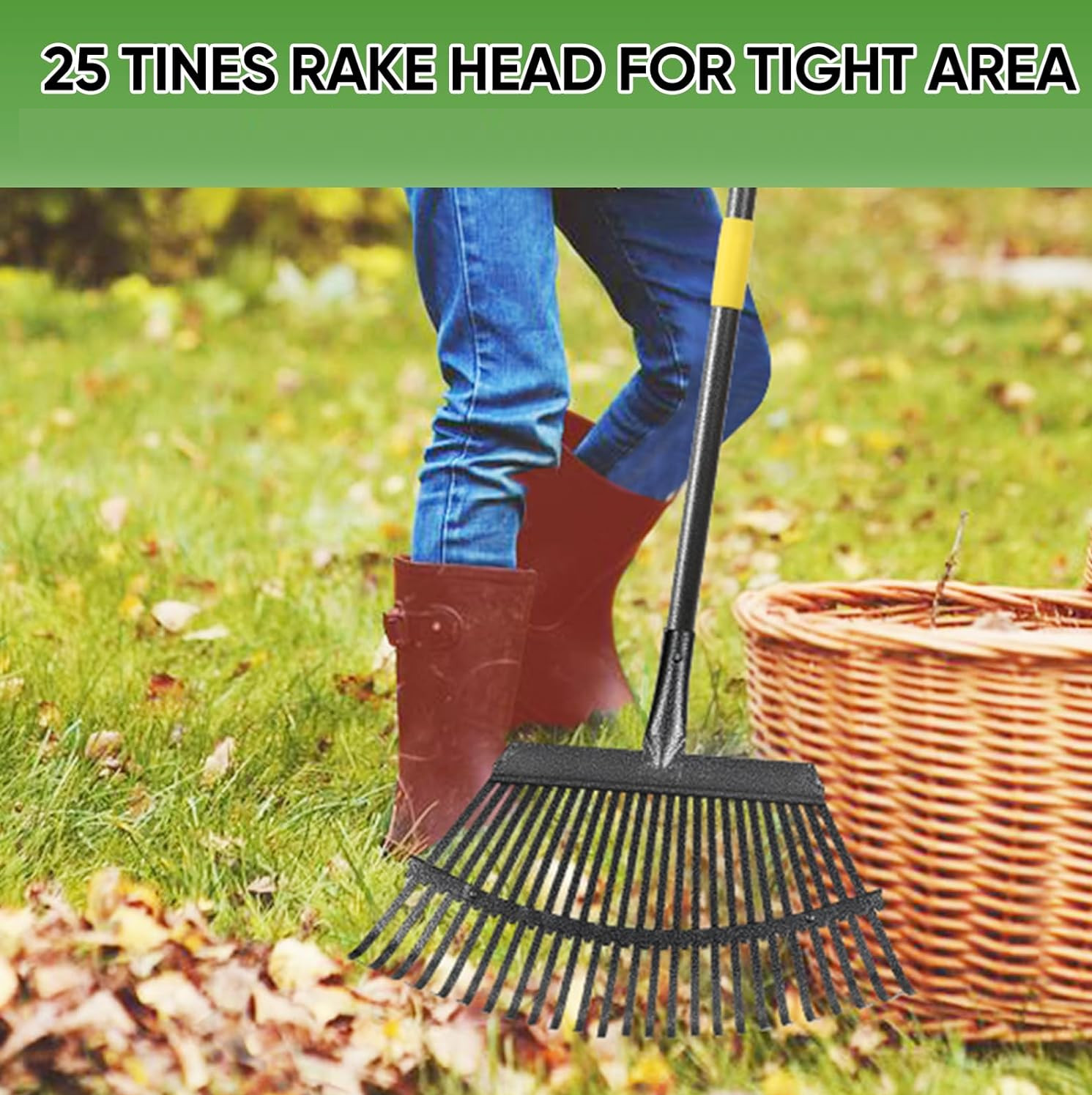 Strong Rack for Yard Lawn Shrub tree Leaves 25 Metal Tine 18″ W*72″ L handle