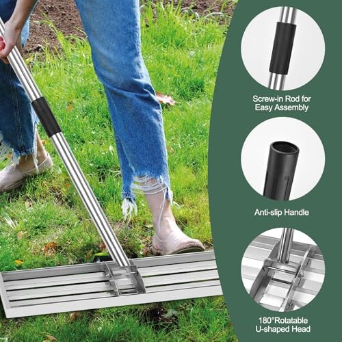 Lawn Leveling Rake,Stainless Steel Lawn Leveler with 76” Long Handle 17*10 inch