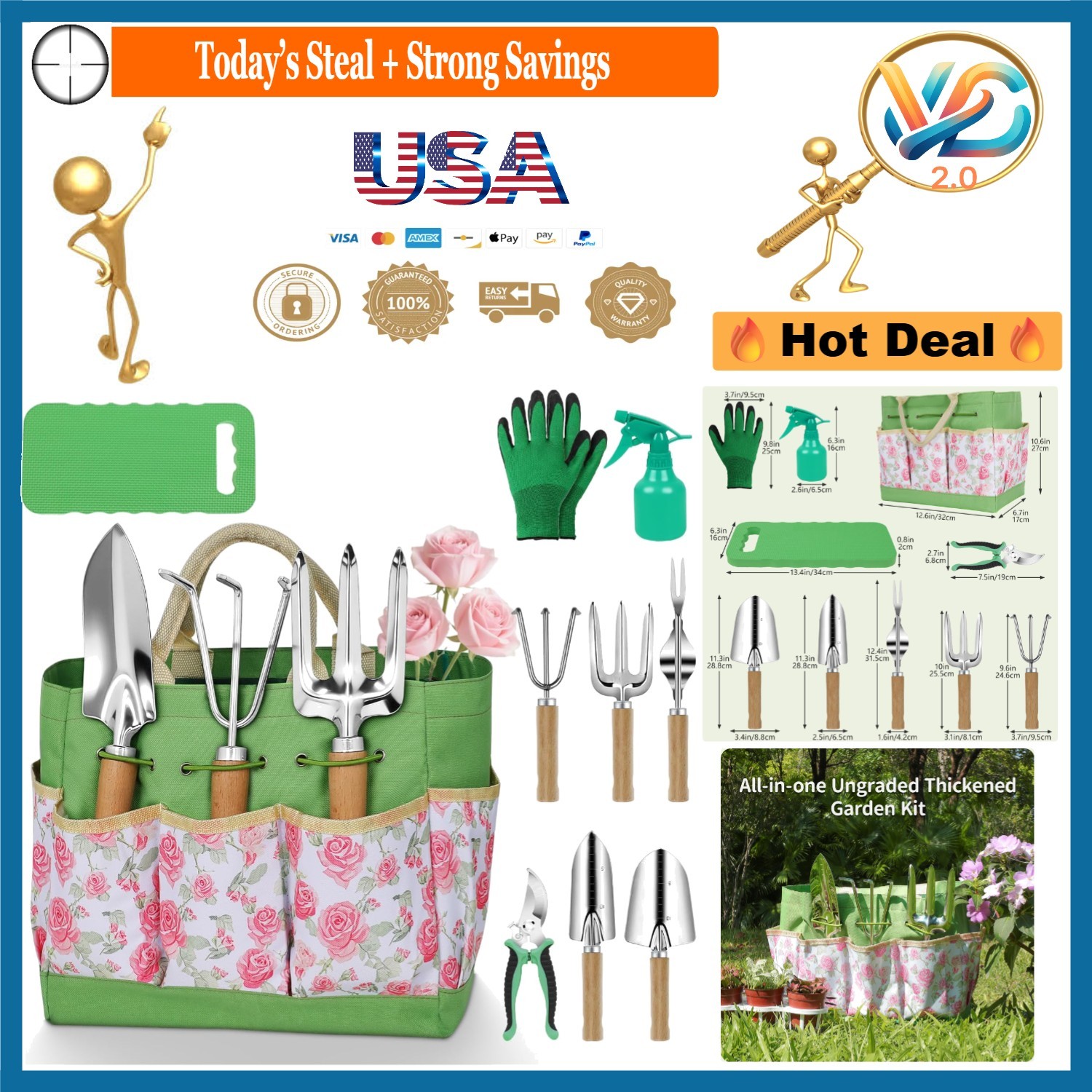 Pink Floral Garden Tool Set 10 Piece Stainless Steel Hand Tools with Tote