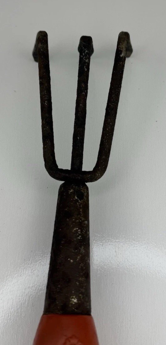 Vintage 3-Tine Garden Hand Cultivator Red Plastic Handle Rusty Steel